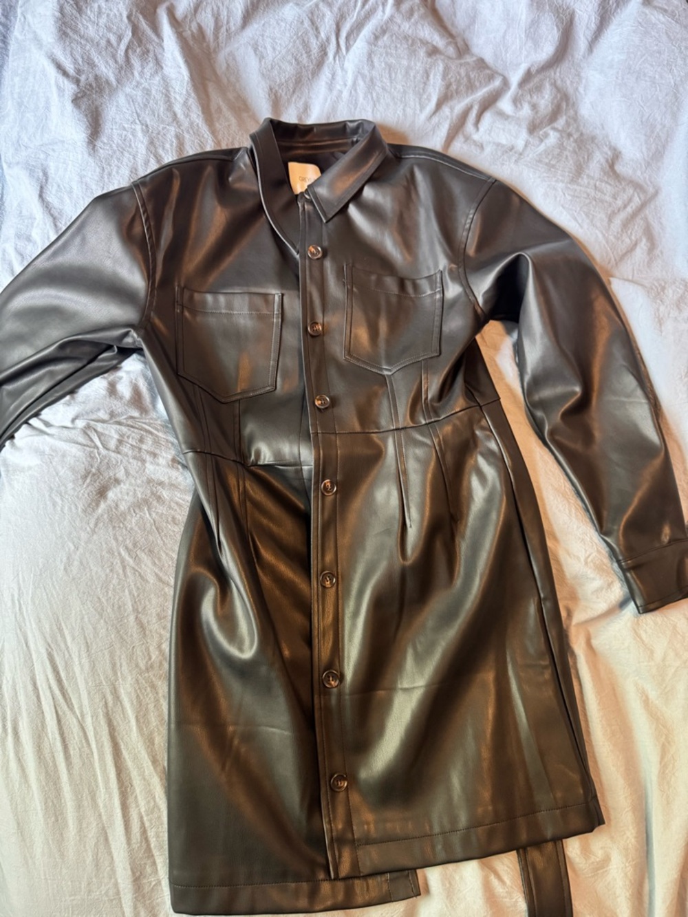 Black Faux Leather Belted Dress/ Jacket - Women
